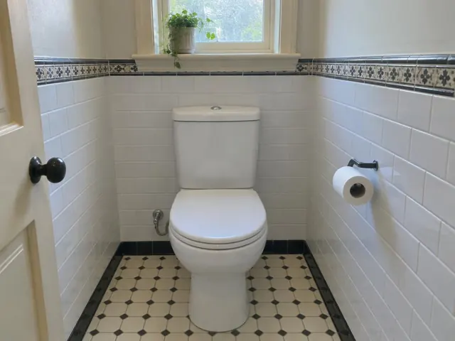 Clean white toilet in a tiled bathroom with a small window and patterned border in Rydalmere